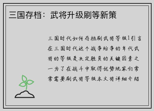 三国存档：武将升级刷等新策