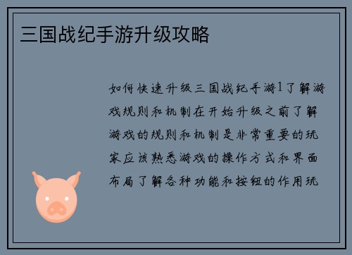 三国战纪手游升级攻略