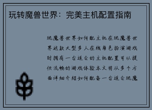玩转魔兽世界：完美主机配置指南