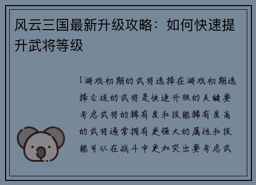 风云三国最新升级攻略：如何快速提升武将等级